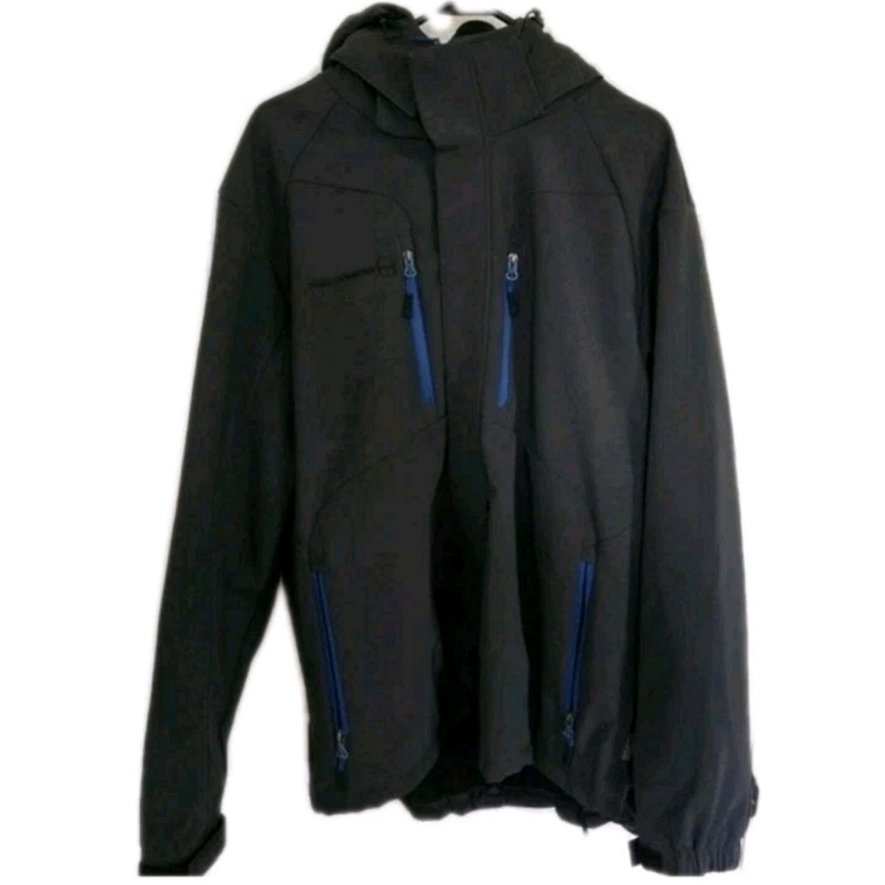 Free Country Men's Softshell Jacket Gray Blue Zip Hooded Large EUC